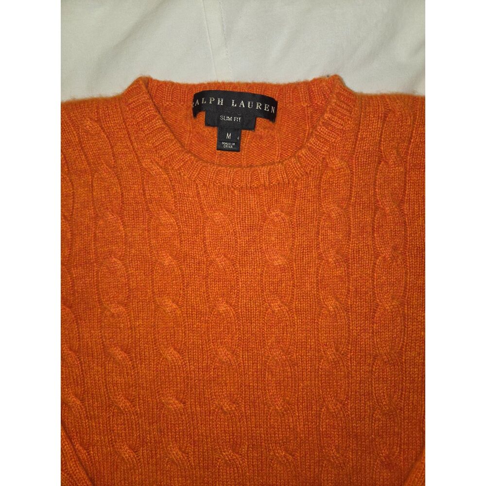Ralph Lauren Orange 100% Cashmere Cable-Knit Slim Fit Crewneck Sweater M
